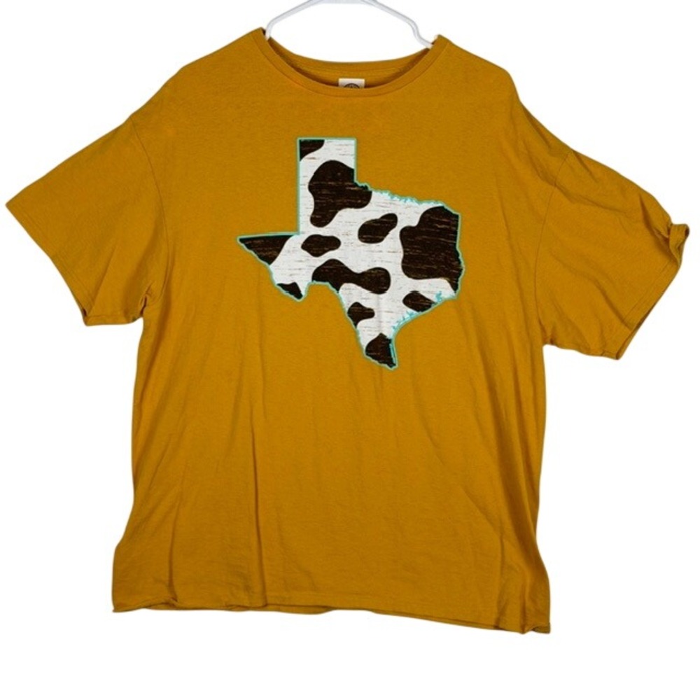 Delta Pro Texas Cow Print Graphic Tee Mustard Yellow Womens XL Short Sleeve